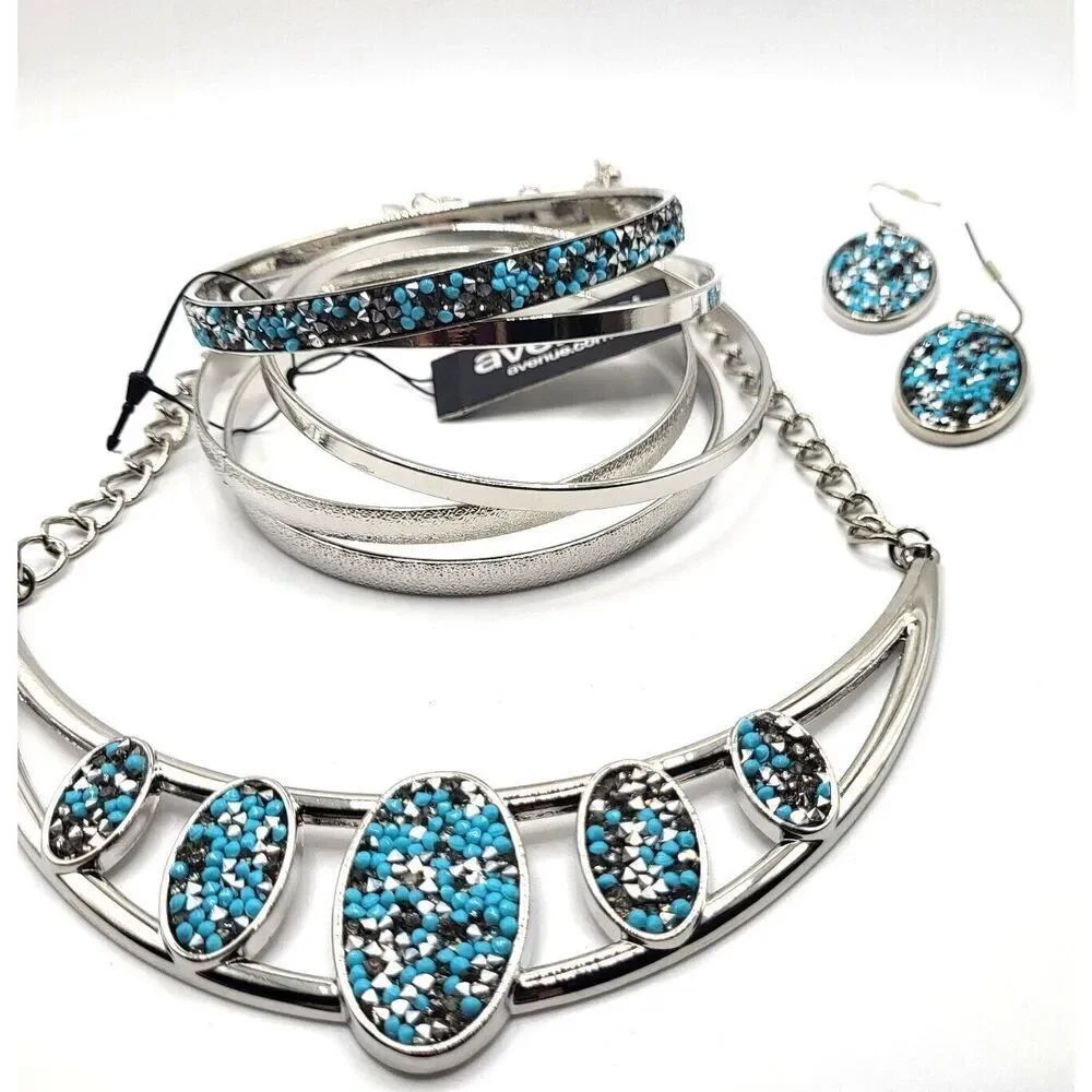 Avenue Demi-Parure Turquoise and Silvertone Necklace, Earring and Bracelet Sets